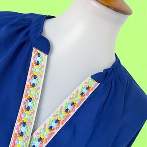 Society Girl Royal Blue Blouse XL Lightweight Neon Aztec Roll Tab Sleeve Top